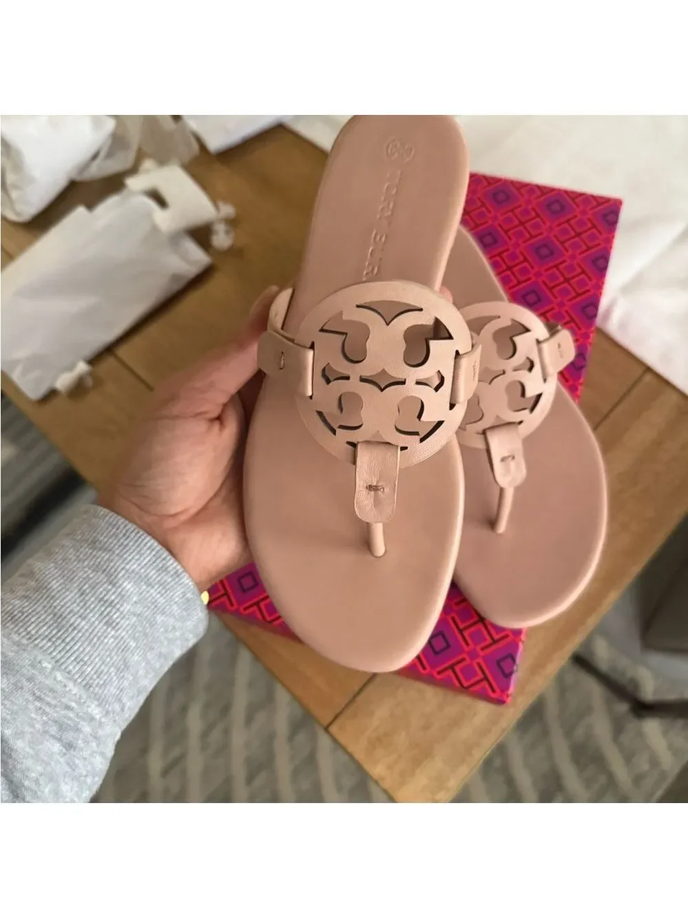 New Tory Burch miller soft calf leather sandals in light sand / makeup colo